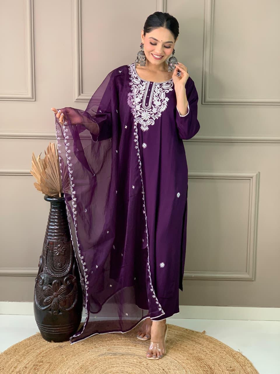 Kurti With Organza  Dupatta And Pant