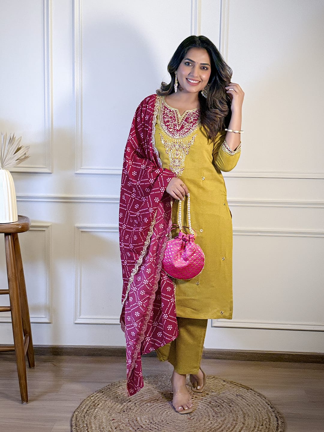 BSY Viscose Embroidered Straight Kurta with Pant And Dupatta Sets