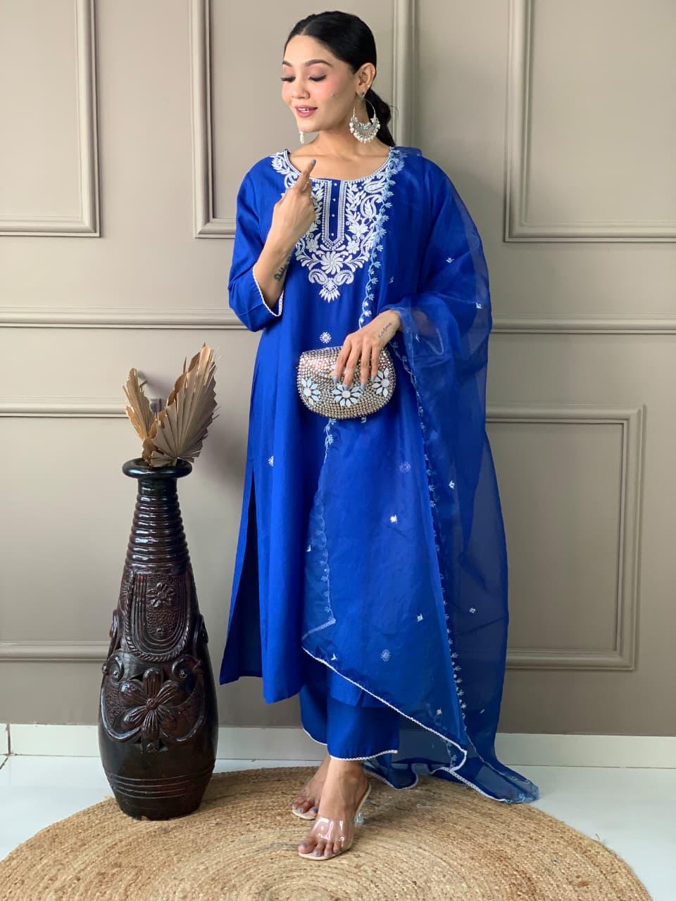 Kurti With Organza  Dupatta And Pant